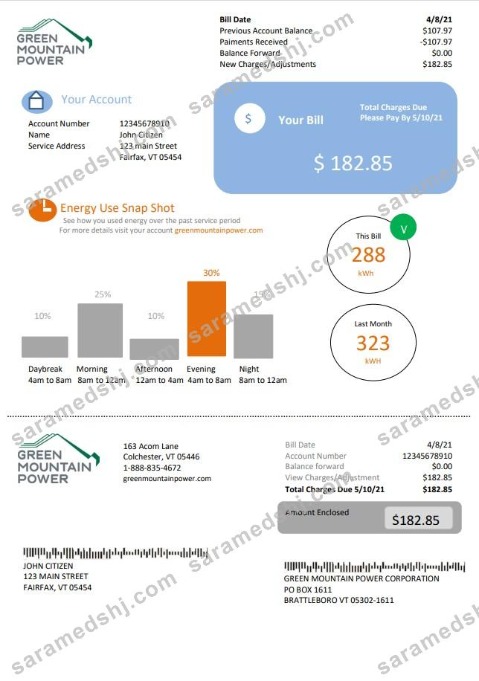 USA Vermont Green Mountain Power electricity utility bill in Word and PDF format